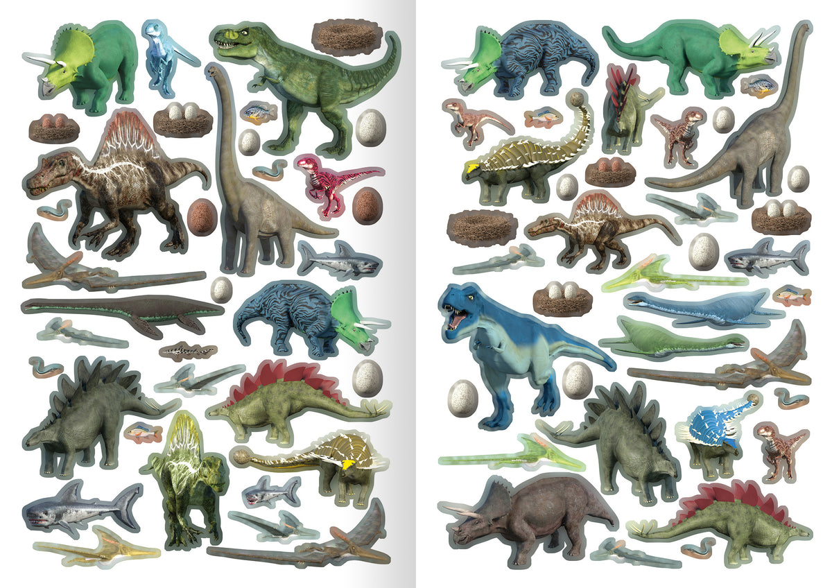 Gezeigt wird eine Innen- oder Zusatzansicht von „Meine Sticker-Dinos“. Die Ansicht zeigt eine bunte Auswahl an Dinosaurier-Stickern in verschiedenen Farben, darunter Grün, Blau, Braun und Rot. Zu sehen sind zudem detailreiche Elemente wie Dinosaurier-Eier, Fossilien und Pflanzen.