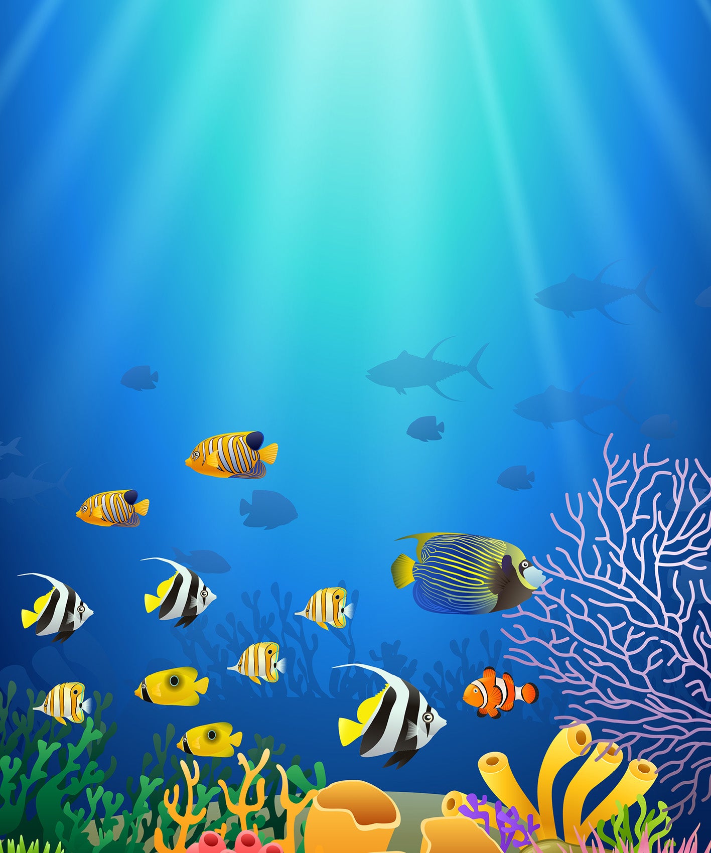 Gezeigt wird eine Innen- oder Zusatzansicht von „Mein Meerjungfrauen-Kritzkratz-Buch“. Die Abbildung zeigt eine lebendige Unterwasserlandschaft mit bunten Fischen, darunter Streifenfische und Clownfische, die zwischen Korallenriffen schwimmen. Der Hintergrund ist in verschiedenen Blautönen gehalten, die den Eindruck von Tiefe und Lichtstrahlen vermitteln. Die Gestaltung ist verspielt und einladend, ideal für Kinder.