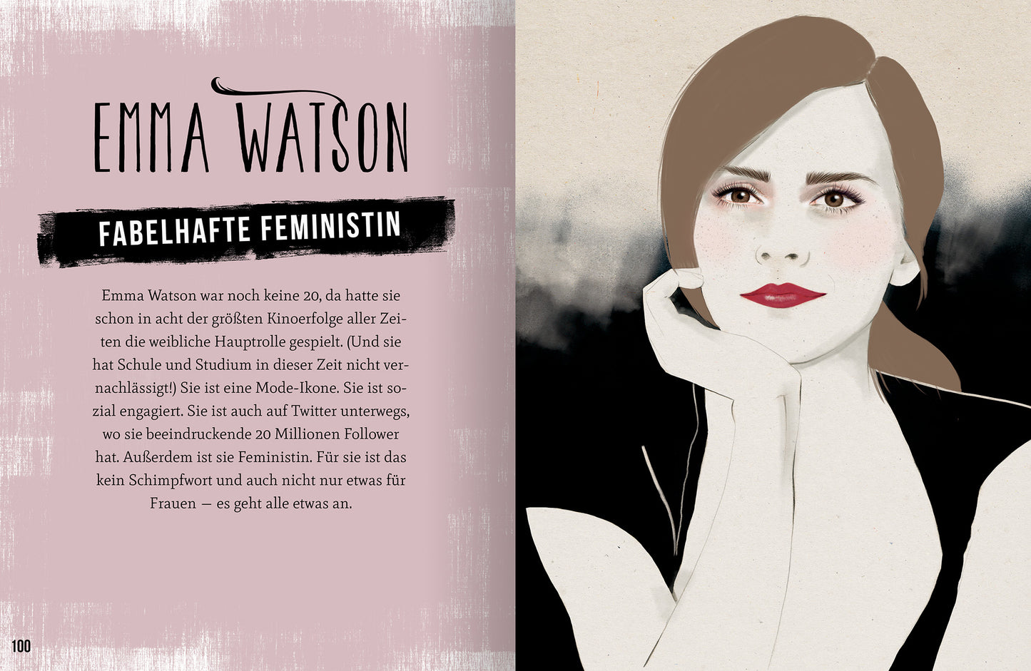 Gezeigt wird eine Innen- oder Zusatzansicht von „Power Women – Geniale Ideen mutiger Frauen“. Die Darstellung zeigt ein stilisiertes Porträt von Emma Watson auf der rechten Seite, umrahmt von sanften Farben in Rosé und Schwarz. Links befindet sich eine beschreibende Textbox mit dem Schriftzug „Emma Watson“ in markanter Schriftart und dem Untertitel „Fabelhafte Feministin“. Der Text erklärt ihren Einfluss und ihren Aktivismus, während die Gesamtlayoutgestaltung modern und...