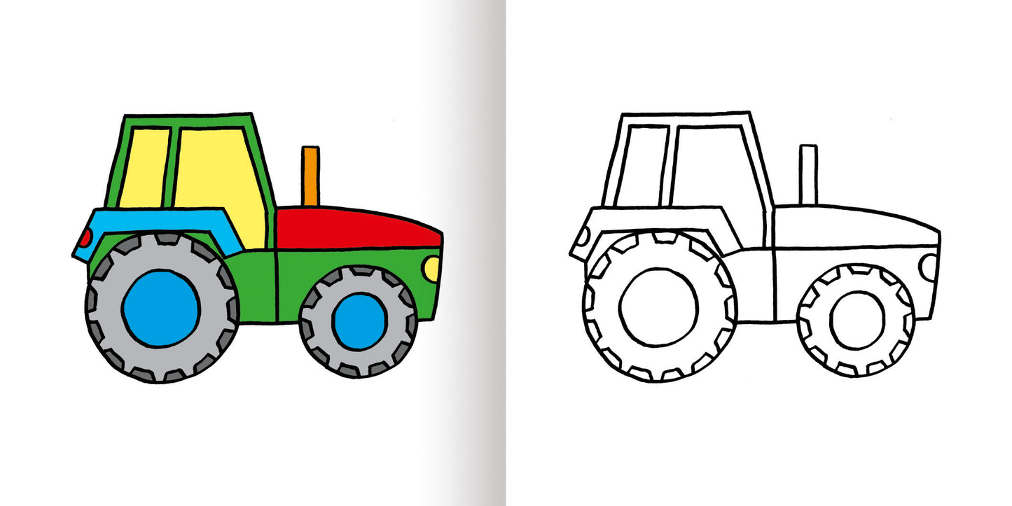 Gezeigt wird eine Innen- oder Zusatzansicht von „Mein erstes dickes buntes Malbuch ab 2“. Auf der linken Seite ist ein farbig gestalteter Traktor in leuchtenden Farben wie Rot, Blau, Gelb und Grün abgebildet. Auf der rechten Seite befindet sich der umrissene Traktor in Schwarz-Weiß, der zum Ausmalen einlädt. Die klare und einfache Konturensetzung fördert die Kreativität der kleinen Künstler.