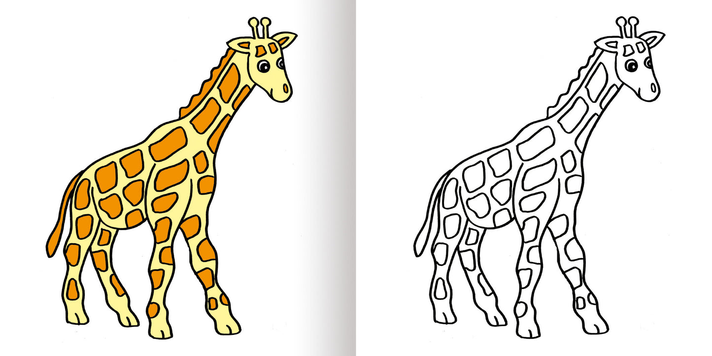 Gezeigt wird eine Innen- oder Zusatzansicht von „Mein erstes dickes buntes Malbuch ab 2“. Die Abbildung zeigt eine Giraffe in zwei Variationen: links farbig in leuchtenden Gelb- und Brauntönen, rechts in Schwarz-Weiß zum Ausmalen. Die Giraffe hat große, freundliche Augen und ist detailliert mit auffälligen Flecken gestaltet. Der Hintergrund ist einfach gehalten, um den Fokus auf das Motiv zu lenken.