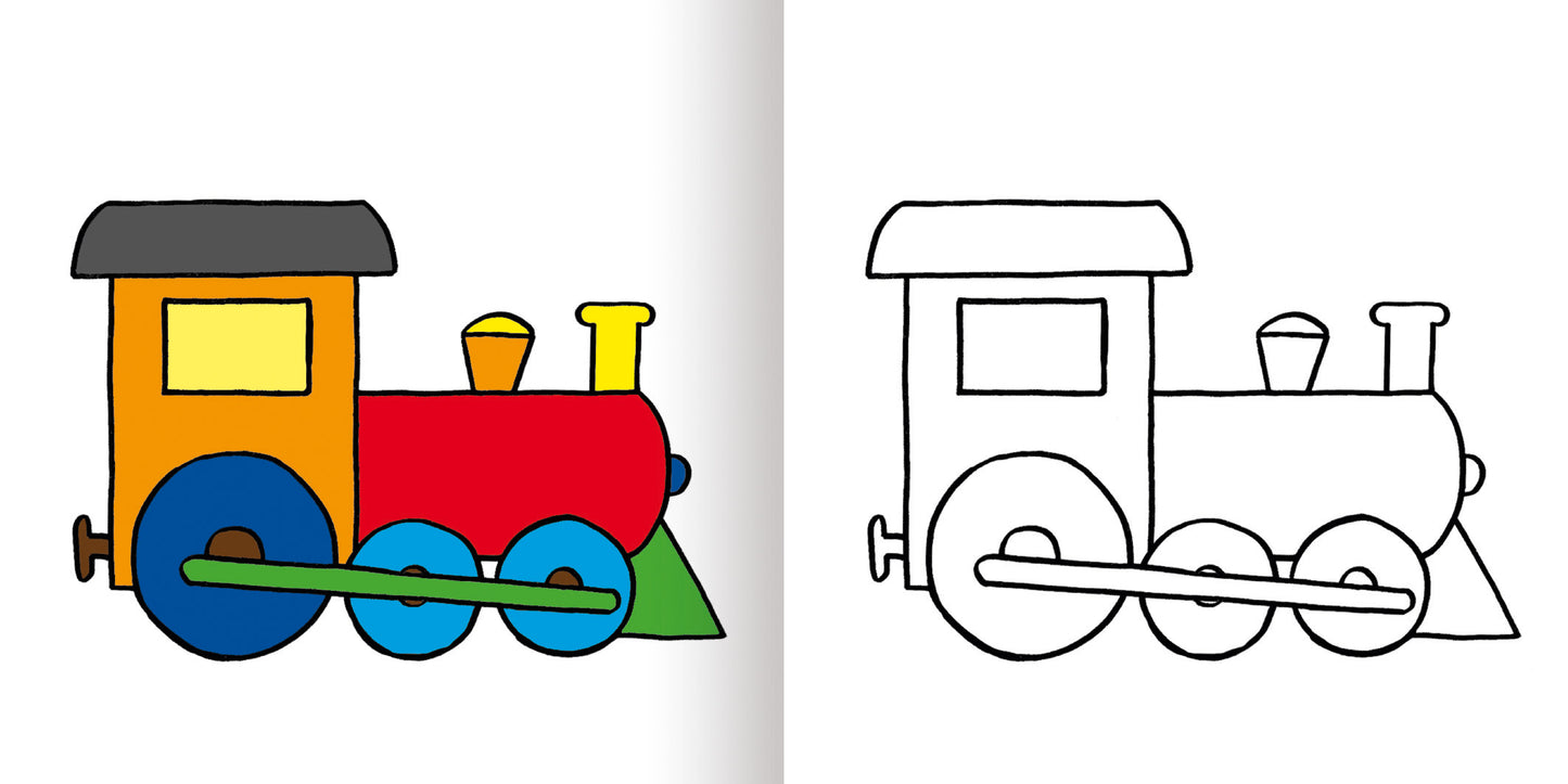 Gezeigt wird eine Innen- oder Zusatzansicht von „Mein erstes dickes buntes Malbuch ab 2“. Auf der linken Seite ist ein buntes, einfach gestaltetes Lokomotivmotiv in lebendigen Farben wie Orange, Rot, Blau und Gelb zu sehen. Die rechte Seite zeigt die schwarz-weiße Umrissversion desselben Motivs, ideal zum Ausmalen.