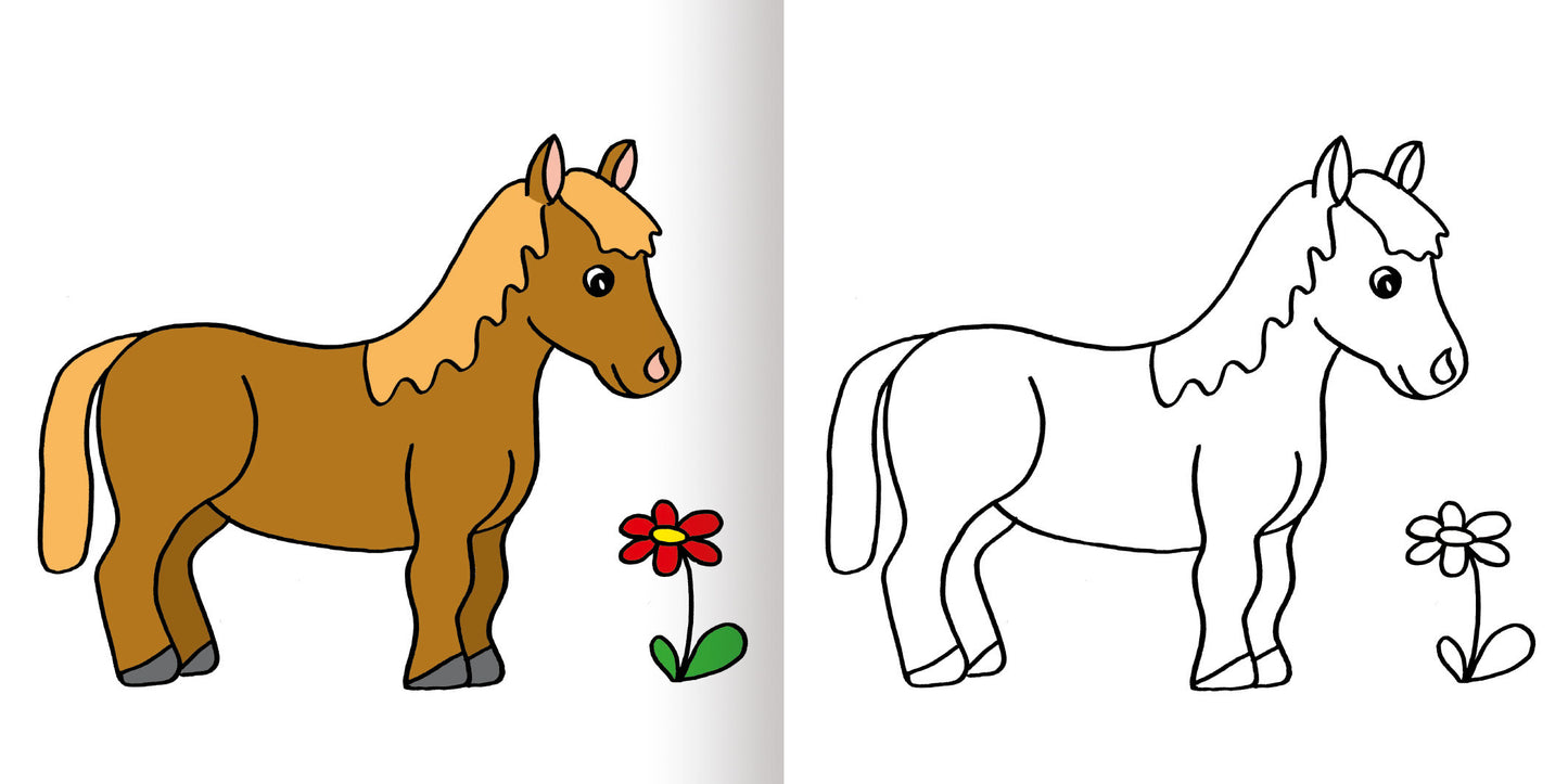 Gezeigt wird eine Innen- oder Zusatzansicht von „Mein erstes buntes Malbuch ab 2 – Tiere“. Auf der linken Seite befindet sich ein farbenfrohes, braunes Pferd mit einer blonden Mähne, umgeben von einer roten Blume und grünen Blättern. Die rechte Seite zeigt eine schwarz-weiße Umrisszeichnung des gleichen Pferdes und der Blume, die zum Ausmalen einlädt. Die farbigen Elemente sind einfach und kinderfreundlich gestaltet.