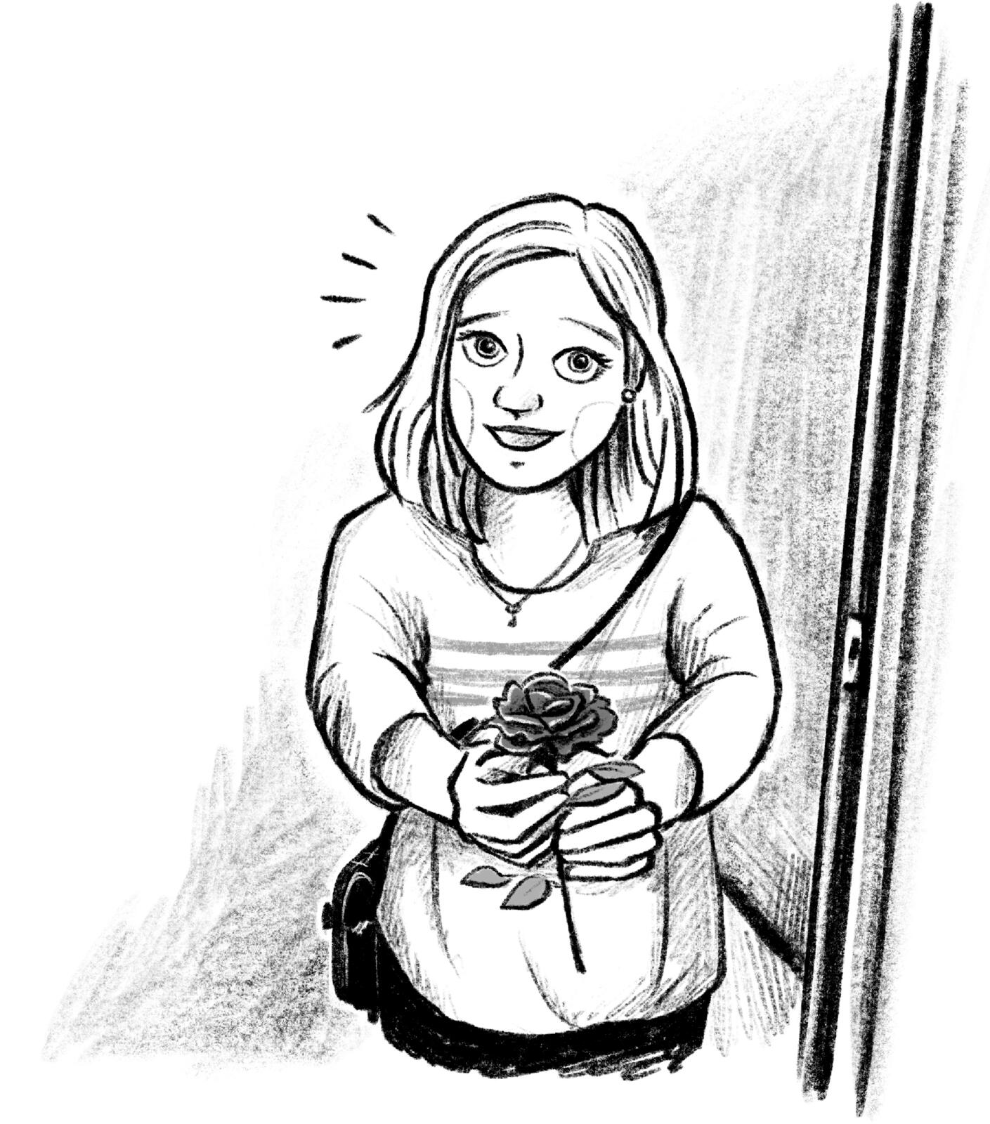 Eine schwarz-weiße Illustration eines Mädchens mit schulterlangem Haar. Die Person steht in einer Türöffnung, hält eine Rose in den Händen und trägt eine Umhängetasche. Die Zeichnung ist im skizzenhaften Stil gehalten.