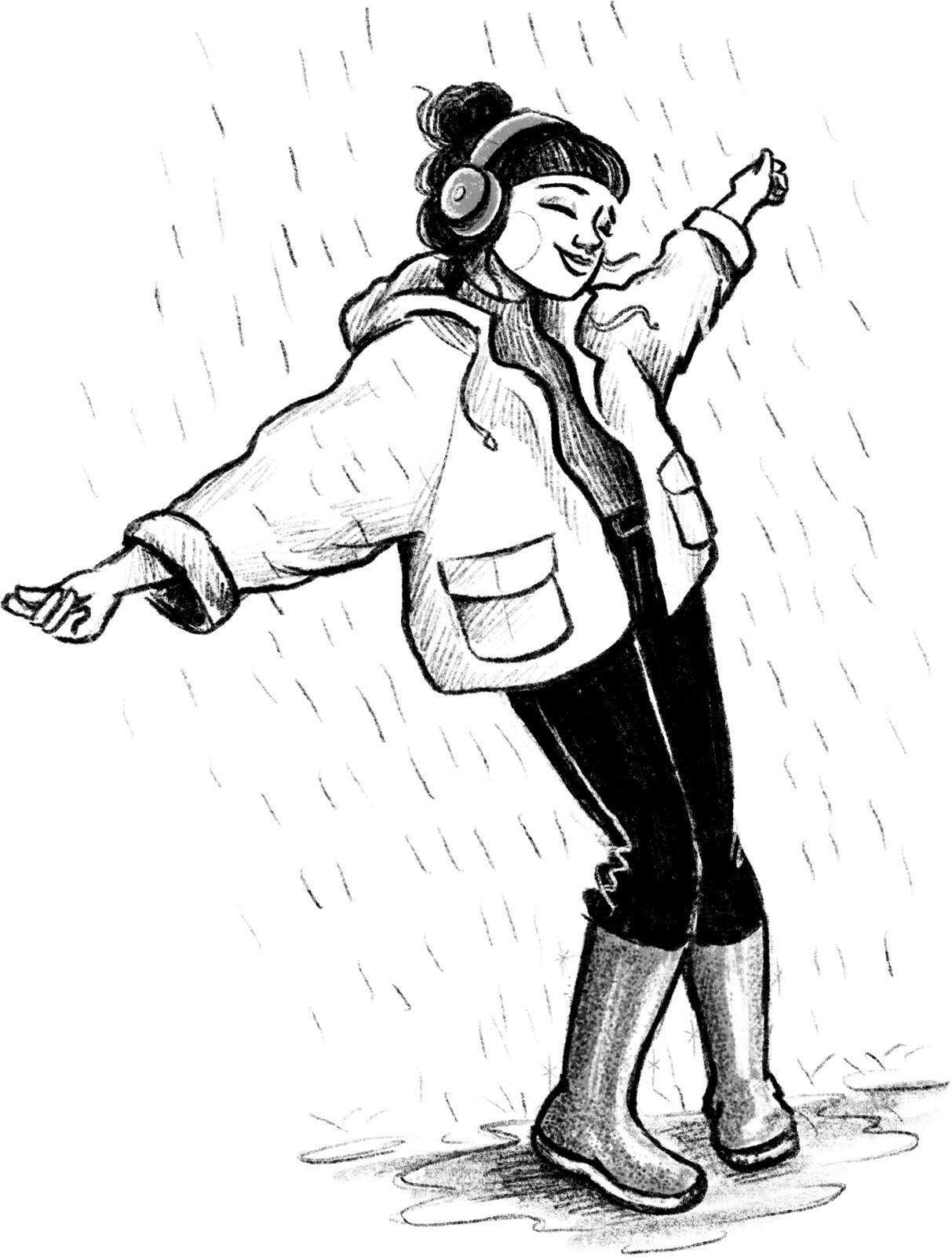 Eine schwarz-weiße Illustration eines Mädchens mit schwarzem Haar, das hochgesteckt ist. Die Person trägt eine Jacke mit Taschen, Gummistiefel und Kopfhörer. Sie steht im Regen mit ausgebreiteten Armen und scheint den Moment zu genießen. Die Zeichnung ist im skizzenhaften Stil gehalten.