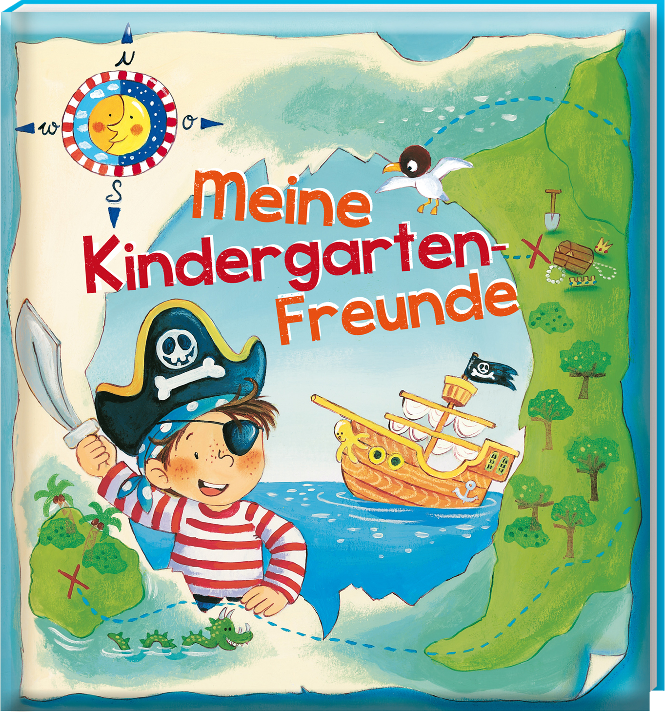 Das Buchcover zeigt eine gezeichnete Piratenszene mit einem Kind im gestreiften Shirt, Augenklappe und Piratenhut. Um ihn herum sind ein Segelschiff, eine Schatzkarte, eine Möwe und kleine Inseln zu sehen. Oben links befindet sich ein Kompass. Der Titel „Meine Kindergarten-Freunde“ steht groß in der Mitte.