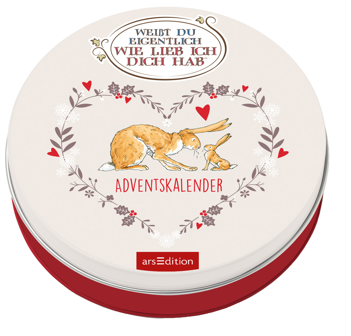 Das Cover zeigt einen weißen Hintergrund mit einem großen, herzförmigen Rahmen aus floralen Elementen und kleinen Herzen. Innen sind zwei stilisierte Hasen abgebildet, einer größer und der andere kleiner, die einander liebevoll ansehen. Der Titel „WEIL DU EIGENTLICH WIE LIEB ICH DICH HAB'“ ist in großen, verspielten Buchstaben oben platziert, und darunter steht „ADVENTSKALENDER“ in einer schlichten Schrift. Ganz unten mittig steht der Logoschriftzug von arsEdition.