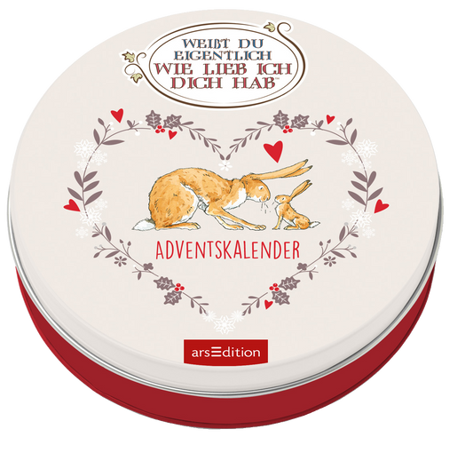 Das Cover zeigt einen weißen Hintergrund mit einem großen, herzförmigen Rahmen aus floralen Elementen und kleinen Herzen. Innen sind zwei stilisierte Hasen abgebildet, einer größer und der andere kleiner, die einander liebevoll ansehen. Der Titel „WEIL DU EIGENTLICH WIE LIEB ICH DICH HAB'“ ist in großen, verspielten Buchstaben oben platziert, und darunter steht „ADVENTSKALENDER“ in einer schlichten Schrift. Ganz unten mittig steht der Logoschriftzug von arsEdition.