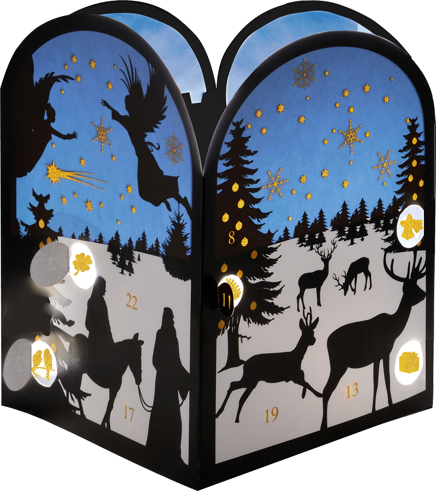 Gezeigt wird eine Innen- oder Zusatzansicht von „Teelichthäuschen Winternacht“. Die Dekoration zeigt eine winterliche Szenerie mit silhouettierten Figuren, darunter Reiter und Tiere, vor einem schneebedeckten Hintergrund. Der Himmel erstrahlt in einem sanften Blau, verziert mit goldenen Schneeflocken und anderen weihnachtlichen Motiven. Die Zahlen 11, 13, 17 und 22 sind sichtbar, während die Gesamtästhetik eine harmonische, festliche Atmosphäre vermittelt.