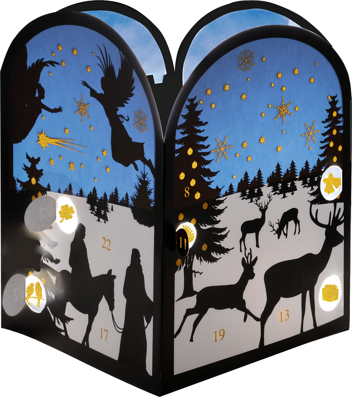 Gezeigt wird eine Innen- oder Zusatzansicht von „Teelichthäuschen Winternacht“. Die Dekoration zeigt eine winterliche Szenerie mit silhouettierten Figuren, darunter Reiter und Tiere, vor einem schneebedeckten Hintergrund. Der Himmel erstrahlt in einem sanften Blau, verziert mit goldenen Schneeflocken und anderen weihnachtlichen Motiven. Die Zahlen 11, 13, 17 und 22 sind sichtbar, während die Gesamtästhetik eine harmonische, festliche Atmosphäre vermittelt.