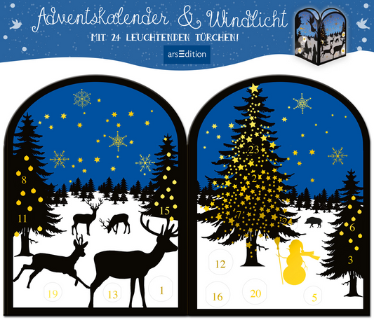 Das Buchcover zeigt eine winterliche Szene mit einem tiefblauen Himmel, in dem goldene Sterne und schneeweiße Schneeflocken hervorgehoben sind. Im Vordergrund sind stilisierte, schwarze Silhouetten von Rehen und Tannenbäumen abgebildet. Auf der rechten Seite steht eine Schneemannfigur, die sanft leuchtet. Oben ist der Titel „Adventskalender & Windlicht“ in eleganter, weißer Schrift zu sehen, ergänzt durch den Hinweis „Mit 24 leuchtenden Türchen“. Ganz unten mittig steht der...