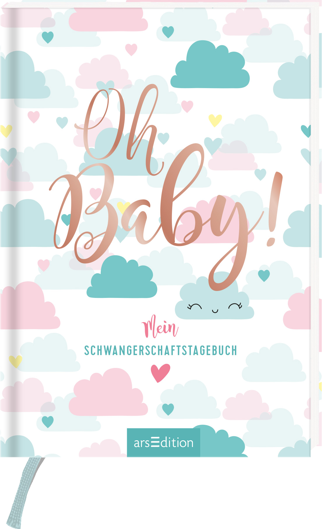 Das Buchcover zeigt einen sanften, pastellfarbenen Hintergrund mit Wolken in verschiedenen Blautönen sowie rosa und fliederfarbenen Herzen. Der Titel „Oh Baby!“ ist in einer verspielten, glänzenden Schriftart in Roségold gehalten und zieht sofort die Blicke auf sich. Unterhalb des Titels steht „Mein Schwangerschaftstagebuch“ in schlichterer Typografie. Eine kleine, lächelnde Wolke verleiht dem Cover eine freundliche Atmosphäre. Ganz unten mittig steht der Logoschriftzug von...