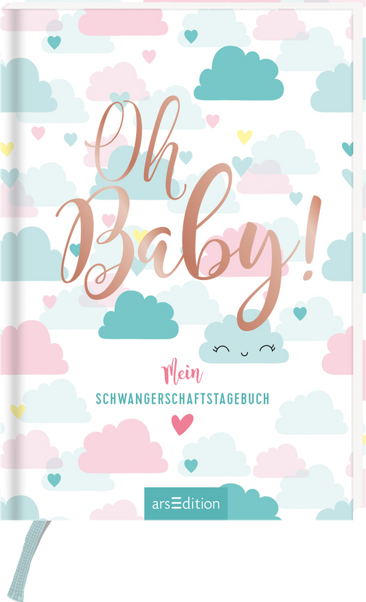 Das Buchcover zeigt einen sanften, pastellfarbenen Hintergrund mit Wolken in verschiedenen Blautönen sowie rosa und fliederfarbenen Herzen. Der Titel „Oh Baby!“ ist in einer verspielten, glänzenden Schriftart in Roségold gehalten und zieht sofort die Blicke auf sich. Unterhalb des Titels steht „Mein Schwangerschaftstagebuch“ in schlichterer Typografie. Eine kleine, lächelnde Wolke verleiht dem Cover eine freundliche Atmosphäre. Ganz unten mittig steht der Logoschriftzug von...