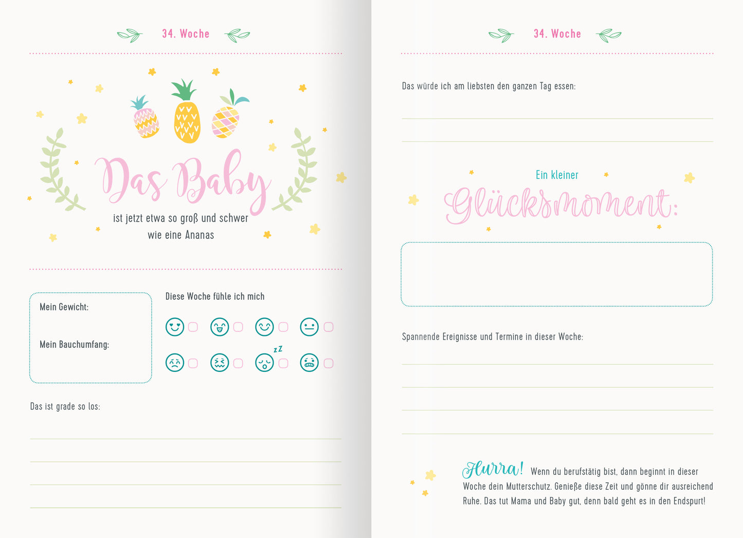 Gezeigt wird eine Innen- oder Zusatzansicht von „Oh Baby!“. Die Seite ist in sanften Pastellfarben gestaltet, überwiegend in Rosa, Hellblau und Gelb. Oben sind zwei stilisierte Ananas und Blätter abgebildet. Der Text „Das Baby ist jetzt etwa so groß und schwer wie eine Ananas“ ist in verspielter Schriftart gehalten. Unterhalb gibt es Felder zur Eintragung von Gewicht, Bauchumfang und Empfindungen, ergänzt durch sympathische Emoticons. Der Abschnitt „Ein kleiner Glücksmoment“...