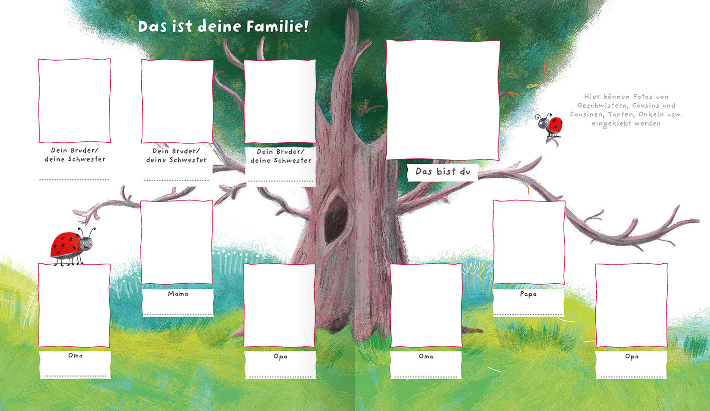 Gezeigt wird eine Innen- oder Zusatzansicht von „Hurra, ich bin da!“. Die Seite zeigt einen großen, braunen Baum in der Mitte, umgeben von grüner Wiese. Auf der linken Seite sind Kästchen mit den Beschriftungen „Mama“, „Papa“, „Oma“ und „Opa“, sowie jeweils Platz für Fotos. Auf der rechten Seite befinden sich ähnliche Kästchen für „dein Bruder/deine Schwester“ und „das bist du“. Die Farben sind lebendig, mit roten Punkten von Marienkäfern und der Überschrift...