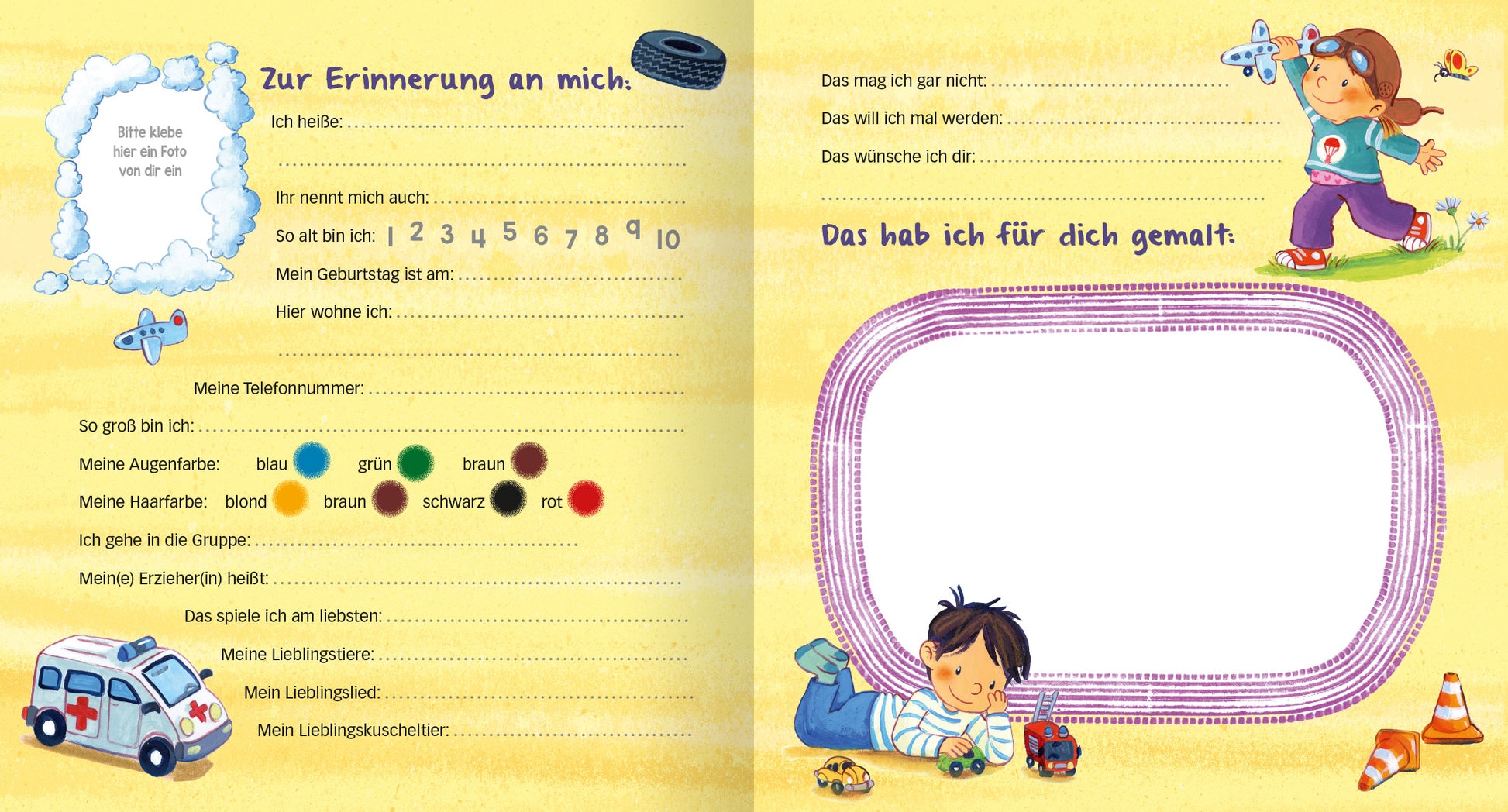 Gezeigt wird eine Innenansicht von „Meine Kindergarten-Freunde (Fahrzeuge)“. Der Hintergrund ist in sanften Gelbtönen gehalten. Über die Doppelseite verteilt befinden sich Felder zur Eintragung persönlicher Daten und rechts ist Platz, um ein Bild zu malen. Umgeben sind die Felder von Illustrationen von Fahrzeugen wie einem Krankenwagen und Kindern mit einem Spielzeugautos. Die Seite ist freundlich und kindgerecht gestaltet.