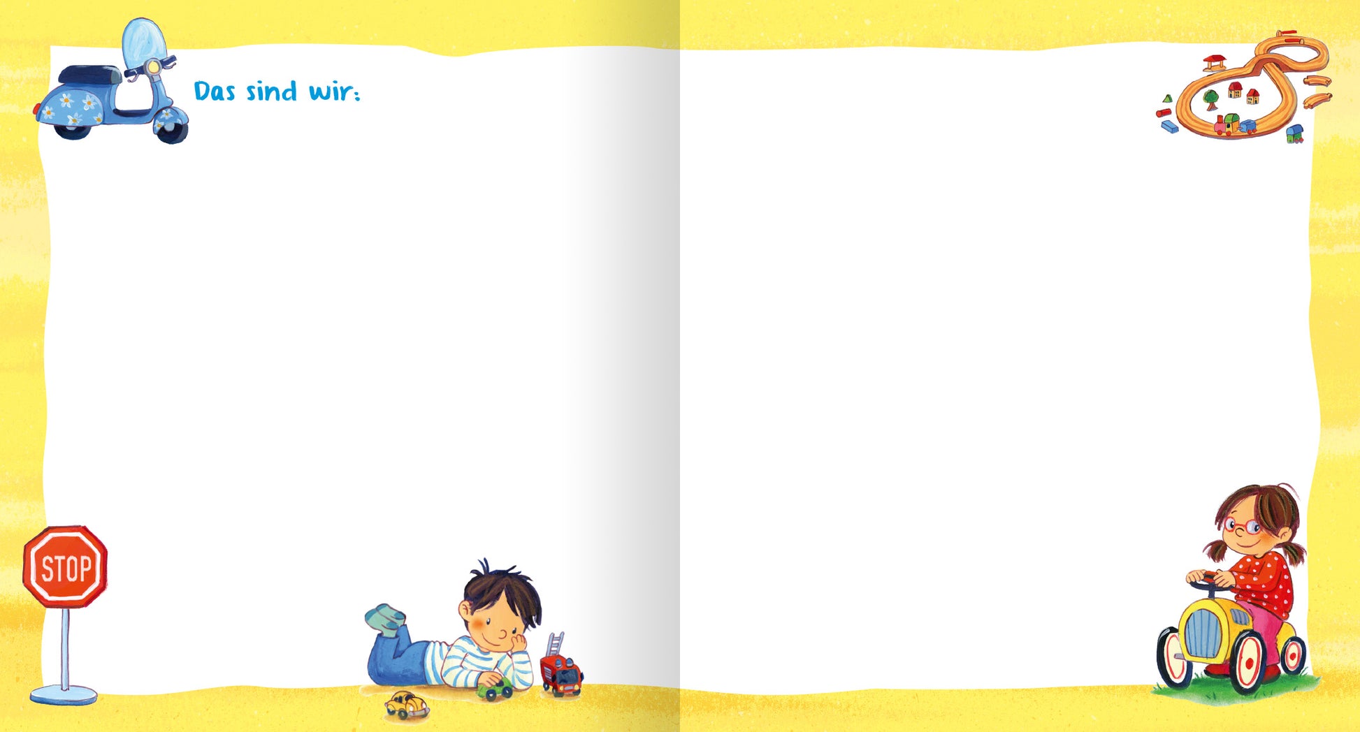 Gezeigt wird eine Innenansicht von „Meine Kindergarten-Freunde (Fahrzeuge)“. Die Doppelseite trägt die Überschrift „Das sind wir:“, hat einen gelben Rand und eine weiße Innenfläche, die Platz bietet, um Fotos einzukleben. Am Rand entlang verteilt sind Illustrationen von Kindern auf oder mit Spielzeugfahrzeugen, ein Roller und ein Stoppschild.