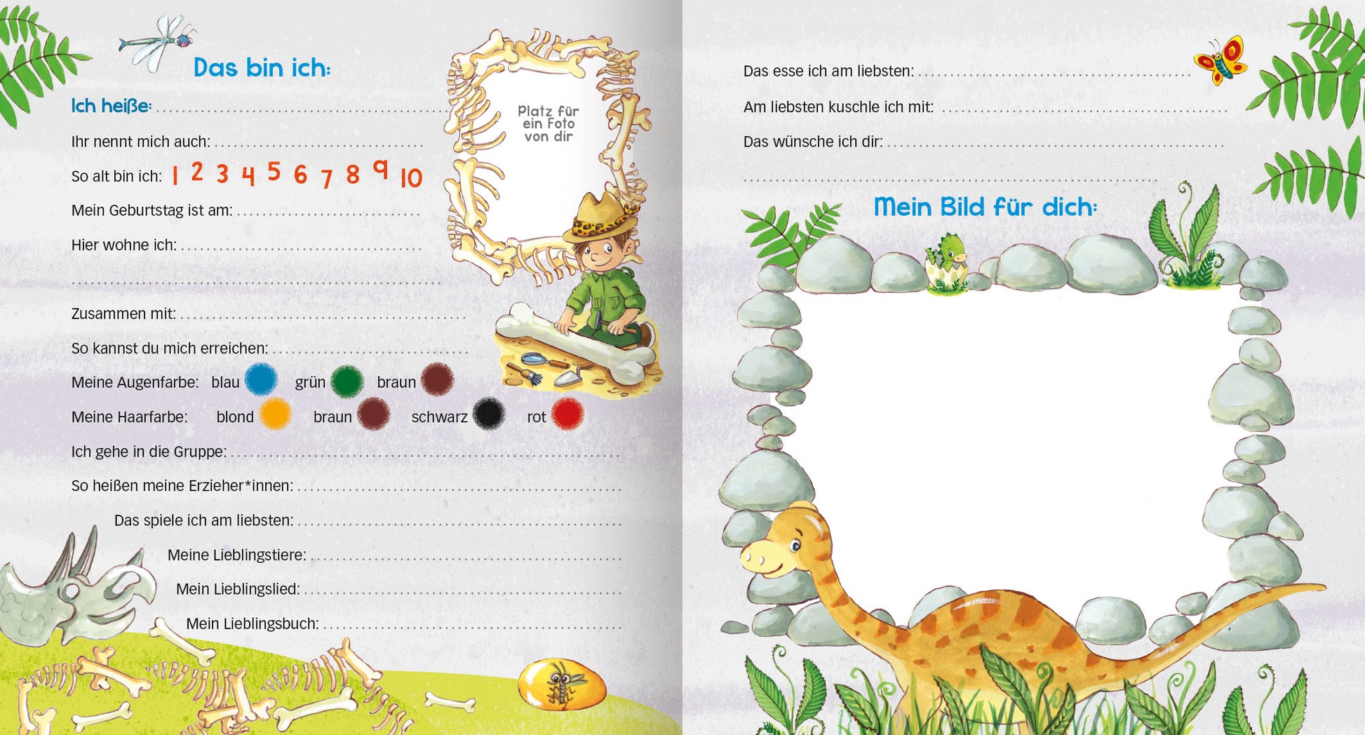 Gezeigt wird eine Innen- oder Zusatzansicht von „Meine Kindergarten-Freunde (Dinosaurier)“. Die linke Seite präsentiert ein buntes Layout mit einer Illustration eines Kindes in einer Krone, umgeben von Dinosaurier-Skeletten, Pflanzen und bunten Elementen. In verschiedenen Schriftgrößen sind die Fragen zur Selbstbeschreibung aufgelistet. Die rechte Seite zeigt einen leeren Bereich für das eigene Bild, umrahmt von Steinen und grünen Blättern. Die Farben sind lebhaft, vor allem Gelb,...