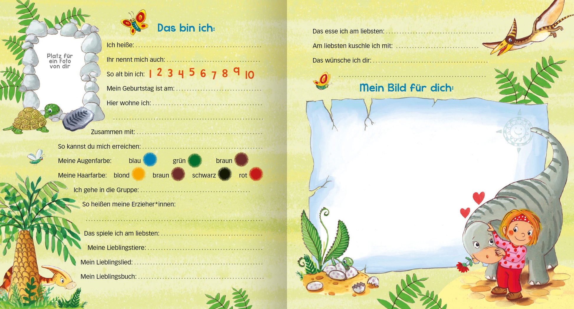 Gezeigt wird eine Innen- oder Zusatzansicht von „Meine Kindergarten-Freunde (Dinosaurier)“. Die Doppelseite ist in sanften Gelbtönen gehalten und zeigt spielerische Illustrationen von Pflanzen und einem kleinen Dinosaurier. Links befindet sich ein Bereich mit Platz für persönliche Angaben, wie Name, Geburtsdatum und Lieblingssachen, umrahmt von bunten Details. Rechts ist ein leerer Bereich mit dem Titel „Mein Bild für dich“, der dazu einlädt, kreativ zu werden. Die Schrift ist klar...