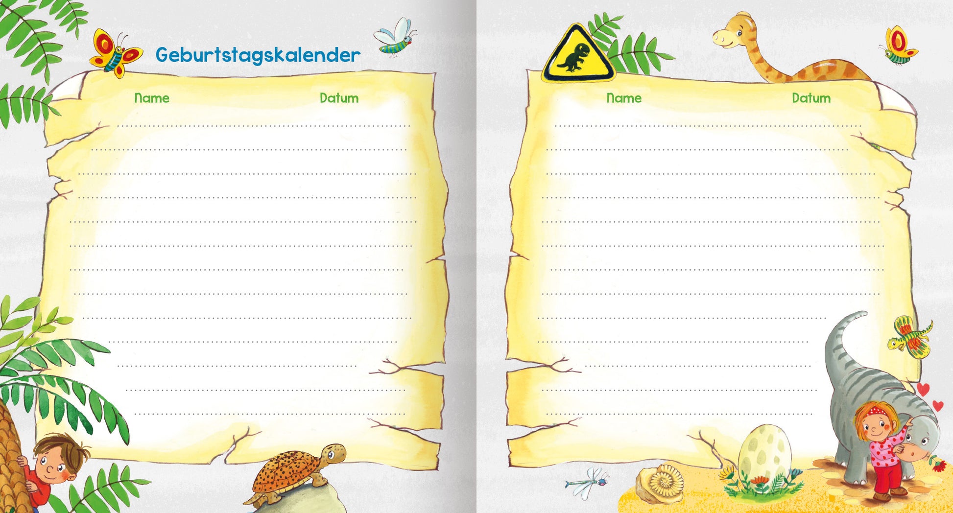 Gezeigt wird eine Innenansicht von „Meine Kindergarten-Freunde (Dinosaurier)“. Die Seite präsentiert einen Geburtstagskalender mit einem bunten, kindgerechten Design. Der Hintergrund ist hell und trägt natürliche Elemente wie Blätter, Schmetterlinge und kleine Tiere. In der oberen Mitte stehen die blauen Worte „Geburtstagskalender“, während darunter Platz für „Name“ und „Datum“ in klarer, gut lesbarer Schrift vorgesehen ist. Die Ecken sind mit fröhlichen...