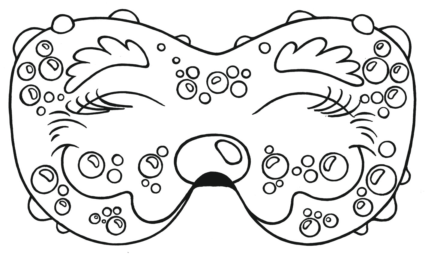 Gezeigt wird eine Innen- oder Zusatzansicht von „Lustige Masken zum Ausmalen“. Die Abbildung präsentiert eine große, ausgeklügelte Maske mit einem fröhlichen Gesichtsausdruck. Sie ist verziert mit verschiedenen kreisförmigen Elementen und Wellenlinien, sodass es insgesamt nach einer Clownsmaske aussieht. Die Konturen sind klar und leicht, ideal zum Ausmalen. Der gesamte Entwurf vermittelt eine verspielte Atmosphäre, die zur Kreativität einlädt.