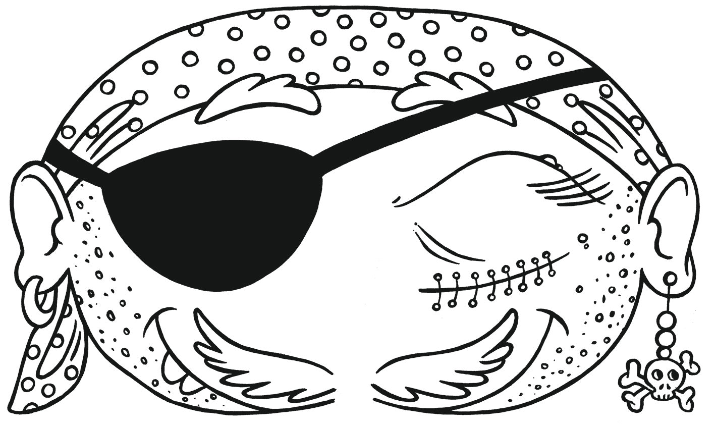 Gezeigt wird eine Innen- oder Zusatzansicht von „Lustige Masken zum Ausmalen“. Die Abbildung zeigt eine lustige Piratenmaske mit charakteristischen Merkmalen, darunter eine Augenklappe und ein Kopftuch mit Punkten. An einem Ohr hängt ein Ohrring, der einen Totenkopf darstellt. Die schwarz-weiße Farbgestaltung regt zur kreativen Ausmalung ein.