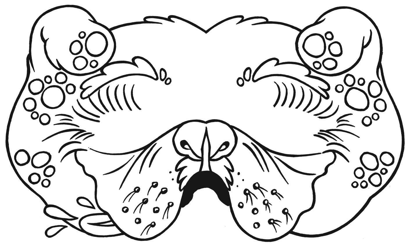 Gezeigt wird eine Innen- oder Zusatzansicht von „Lustige Masken zum Ausmalen“. Die Abbildung zeigt eine schelmische Maske in Form eines Hundes, die mit großen, runden Ohren und einem hechelnden Gesicht gestaltet ist. Die Konturen sind klar und dick gezeichnet, was die Ausmalfläche deutlich hervorhebt. Die Struktur des Fells ist durch feine Linien angedeutet, während die Nase und die Augen durch einfache Formen betont sind. Die Maske ist in Schwarz-Weiß gehalten, ideal zum Ausmalen in...