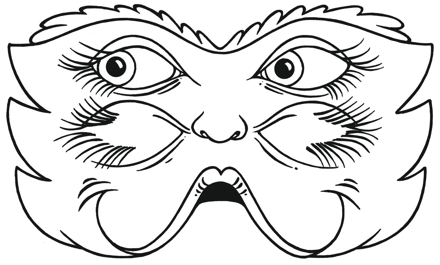 Gezeigt wird eine Innen- oder Zusatzansicht von „Lustige Masken zum Ausmalen“. Die Abbildung zeigt eine fantasievolle Maskenillustration. Insgesamt gibt es vier große Augen, akzentuiert mit Wimpern. Die unteren Augen sind ausgeschnitten, sodass man die Maske gut tragen kann. Die Konturen der Maske sind schwungvoll und verspielt, was eine humorvolle Ausstrahlung vermittelt. Die Zeichnung ist in klaren Schwarz-Weiß-Kontrasten gehalten, wodurch sie ideal zum Ausmalen geeignet ist.