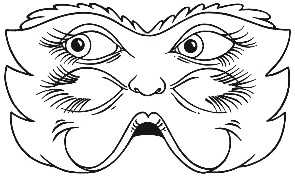 Gezeigt wird eine Innen- oder Zusatzansicht von „Lustige Masken zum Ausmalen“. Die Abbildung zeigt eine fantasievolle Maskenillustration. Insgesamt gibt es vier große Augen, akzentuiert mit Wimpern. Die unteren Augen sind ausgeschnitten, sodass man die Maske gut tragen kann. Die Konturen der Maske sind schwungvoll und verspielt, was eine humorvolle Ausstrahlung vermittelt. Die Zeichnung ist in klaren Schwarz-Weiß-Kontrasten gehalten, wodurch sie ideal zum Ausmalen geeignet ist.