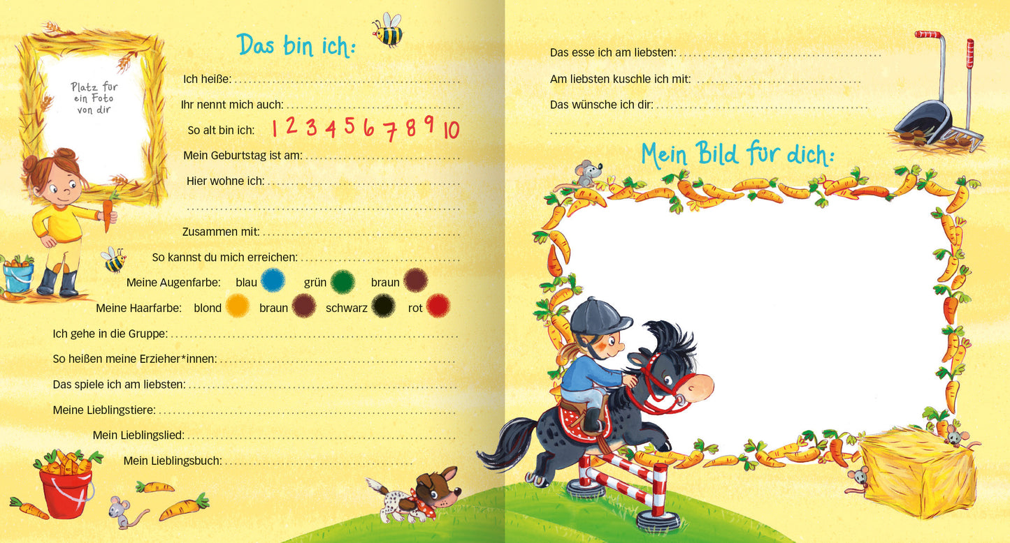 Gezeigt wird eine Innenansicht von „Meine Kindergarten-Freunde (Pferde)“. Die Seiten sind hellgelb hinterlegt und zeigen verspielte Illustrationen von Kindern, Tieren und Gegenständen. Links befindet sich ein Feld mit dem Titel „Das bin ich“, das Platz für persönliche Angaben wie Name, Alter und Lieblingsfarbe bietet. Rechts ist ein leeres Feld mit dem Titel „Mein Bild für dich“, um eigene Zeichnungen anzufertigen. Fröhliche Farben und eine kindgerechte Typografie prägen das...