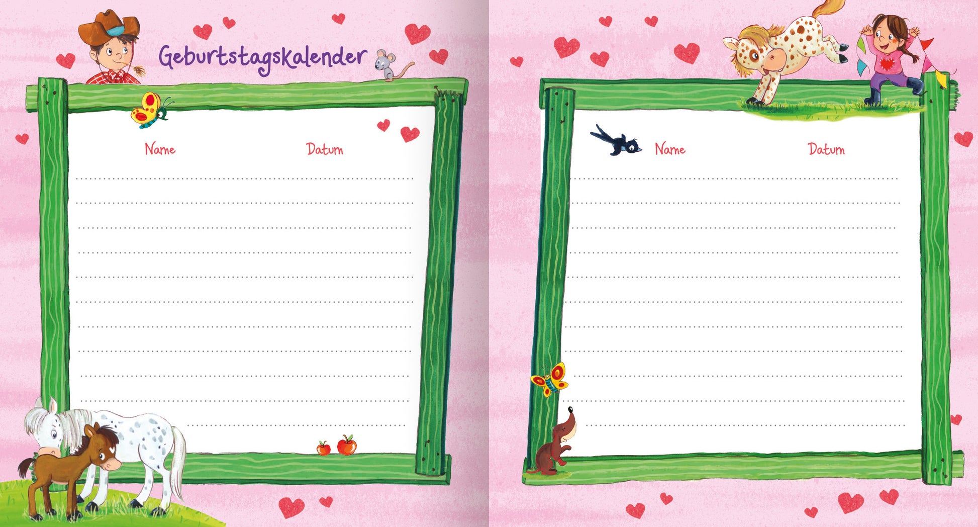 Gezeigt wird eine Innen- oder Zusatzansicht von „Meine Kindergarten-Freunde (Pferde)“. Die Seite zeigt einen Geburtstagstkalender, umrahmt von einem grünen Holzzaun. Im oberen Bereich steht „Geburtstagskalender“ in farbenfroher, handschriftlicher Typografie. Auf der linken Seite sind zwei niedliche Pferde abgebildet, während auf der rechten Seite ein Hund und ein Mädchen dargestellt sind. Der Hintergrund ist in sanftem Rosa gehalten und mit kleinen, roten Herzen verziert. Es gibt...