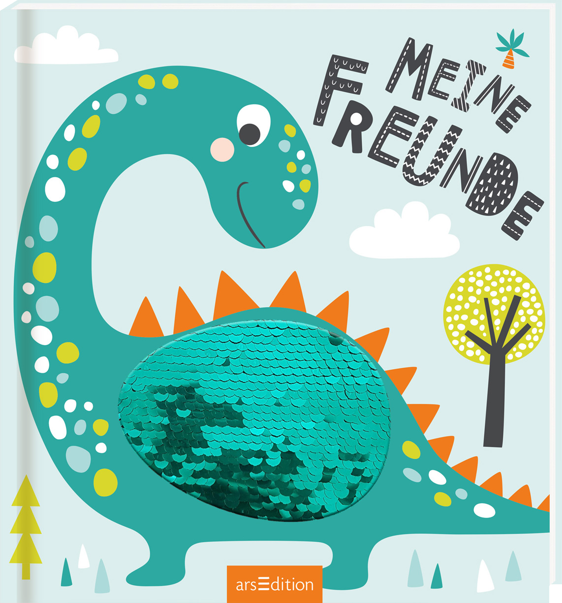 Das Buchcover zeigt einen freundlichen, grünen Dinosaurier mit einem großen, lächelnden Gesicht und bunten Punkten. Um ihn herum sind stilisierte Bäume, Wolken und orangefarbene Dreiecke, die eine fröhliche Atmosphäre schaffen. Der Titel „Meine FREUNDE“ ist in schwarz und spektralen Schriftarten gestaltet und zieht die Aufmerksamkeit auf sich. In der unteren rechten Ecke ist ein SPIEGEL-Bestseller-Button mit dem Text „Bestseller“ platziert. Ganz unten mittig steht der...