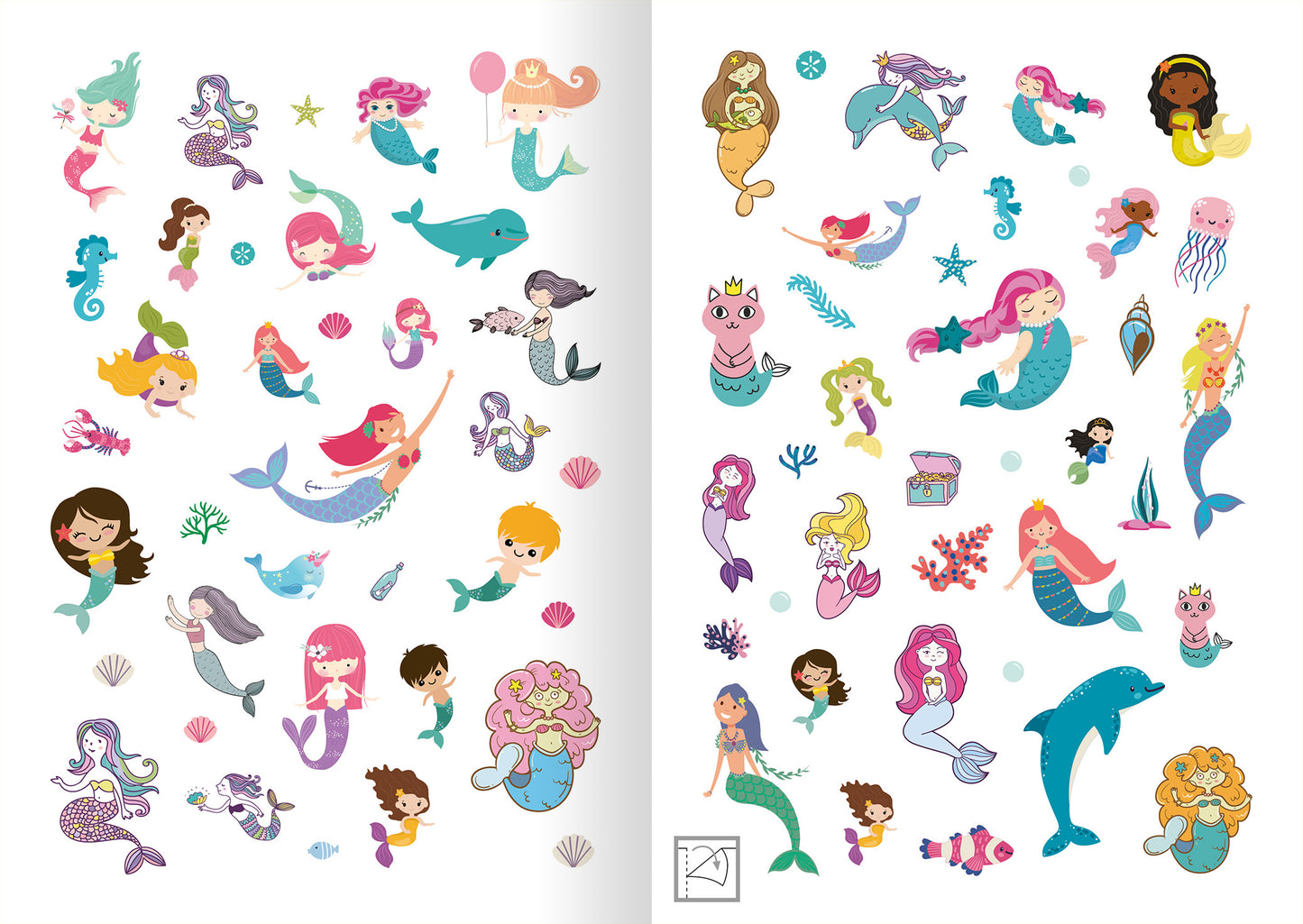 Gezeigt wird eine Innen- oder Zusatzansicht von „Glitzerspaß – Meerjungfrauen-Sticker“. Die Seite zeigt eine bunte Ansammlung von Meerjungfrauen, Fischen und maritimen Elementen auf einem hellen Hintergrund. Die Illustrationen sind in sanften Pastellfarben gehalten, darunter Blau, Grün und Rosa.