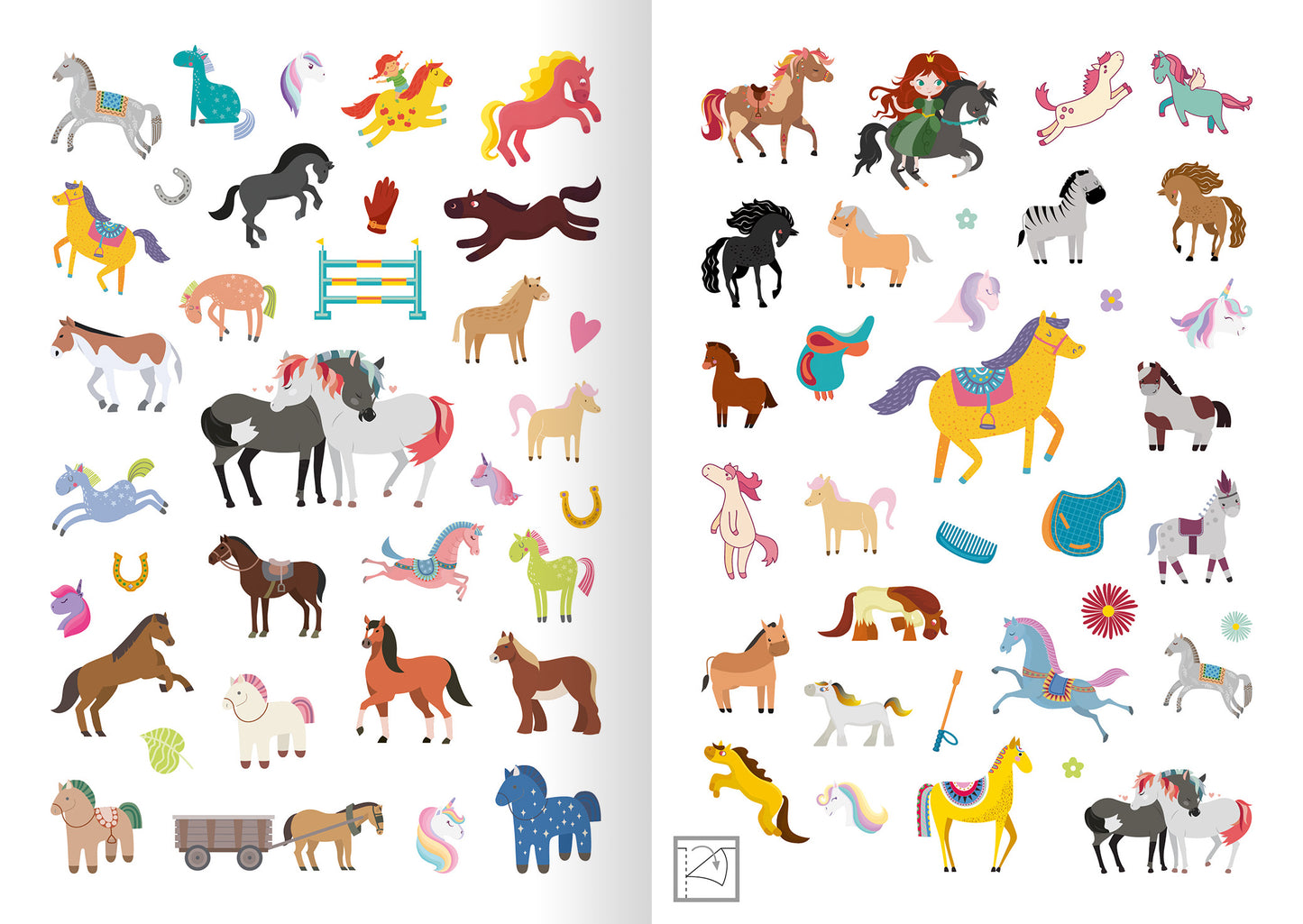 Gezeigt wird eine Innen- oder Zusatzansicht von „Glitzerspaß – Pferde-Sticker“. Die Seite zeigt eine Vielzahl von bunten Pferde-Stickern in unterschiedlichen Stilen, Größen und Farben. Es sind Pferde, Einhörner, sowie Reiterinnen in fröhlichen Posen abgebildet. Die Farben reichen von kräftigen Rottönen über sanfte Pastellfarben bis hin zu schimmerndem Gold.