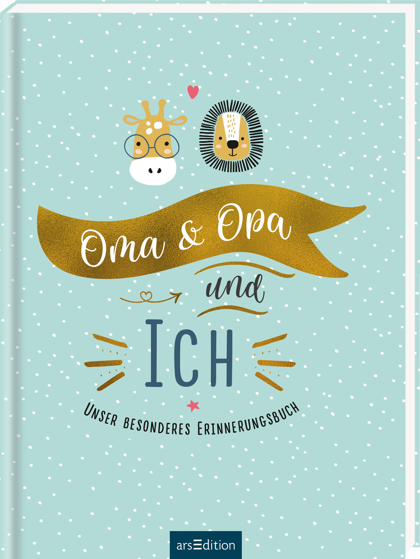 Das Buchcover zeigt einen pastellblauen Hintergrund mit weißen Punkten. In der Mitte ist ein goldener Banner mit der Aufschrift „Oma & Opa“ zu sehen, darunter der hervorgehobene Text „ICH“ in großen grauen Buchstaben. Verspielt sind tierische Illustrationen, darunter eine Giraffe und ein Löwe, sowie kleine Herzen und Sterne. Am unteren Rand steht der Untertitel „Unser besonderes Erinnerungsbuch“. Oben rechts ist ein SPIEGEL-Bestseller-Button platziert. Ganz unten mittig steht...