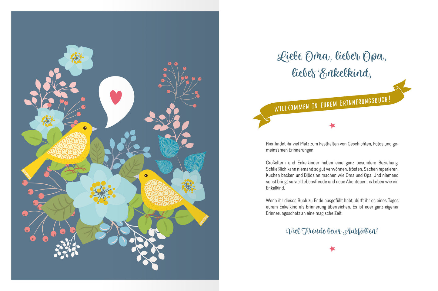 Gezeigt wird eine Innen- oder Zusatzansicht von „Oma und Opa und ich“. Die Seite ist in sanften Blau- und Pastelltönen gestaltet. Auf der linken Seite sind zwei gelbe Vögel zwischen floralen Motiven angeordnet, die Blumen und Blätter in verschiedenen Farben zeigen. Auf der rechten Seite befindet sich ein herzförmiges Sprechfeld, begleitet von einem Willkommensschriftzug in geschwungener Schrift sowie einem informellen Text in gut lesbarer, serifenloser Typografie.