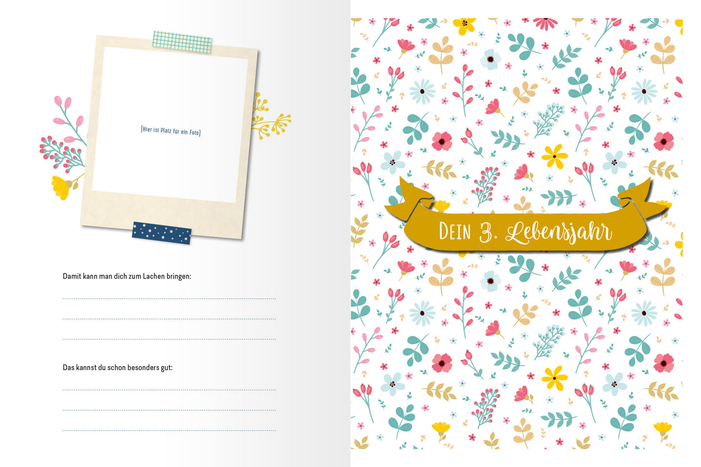 Gezeigt wird eine Innen- oder Zusatzansicht von „Oma und Opa und ich“. Auf der linken Seite befindet sich ein beige Hintergrund mit einem leeren Polaroid-Rahmen, der mit buntem Klebeband befestigt ist. Daneben stehen zwei leere Zeilen zum Ausfüllen. Die rechte Seite zeigt einen hellen, blütenbedeckten Hintergrund in sanften Farben wie Rosa, Gelb und Blau. In der Mitte prangt ein goldfarbenes Banner mit der Aufschrift „DEIN 3. Lebensjahr“ in verspielter Schrift.
