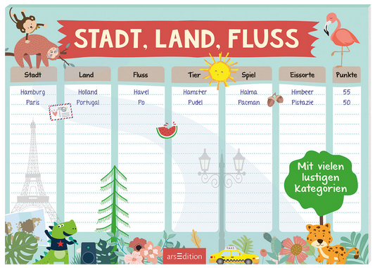 Das Buchcover zeigt ein fröhliches, farbenfrohes Design mit einem hellblauen Hintergrund. Oben prangt der Titel „STADT, LAND, FLUSS“ in großen, rot umrandeten Buchstaben. Am Rand sind niedliche Illustrationen von Tieren, Pflanzen und Bauten zu sehen, die eine lebendige Atmosphäre erzeugen. In der unteren rechten Ecke steht in einem grünen Banner der Text „Mit vielen lustigen Kategorien“. Ganz unten mittig steht der Logoschriftzug von arsEdition.