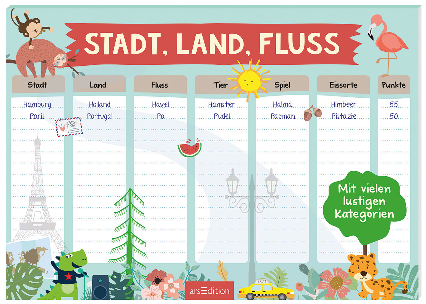 Das Buchcover zeigt ein fröhliches, farbenfrohes Design mit einem hellblauen Hintergrund. Oben prangt der Titel „STADT, LAND, FLUSS“ in großen, rot umrandeten Buchstaben. Am Rand sind niedliche Illustrationen von Tieren, Pflanzen und Bauten zu sehen, die eine lebendige Atmosphäre erzeugen. In der unteren rechten Ecke steht in einem grünen Banner der Text „Mit vielen lustigen Kategorien“. Ganz unten mittig steht der Logoschriftzug von arsEdition.