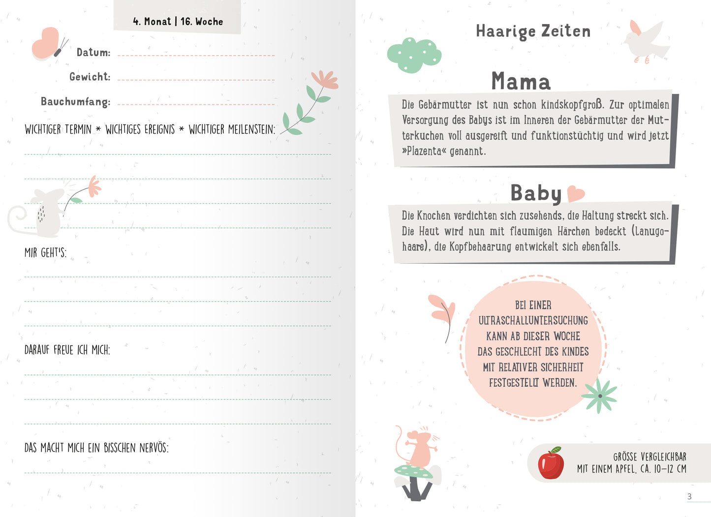 Gezeigt wird eine Innen- oder Zusatzansicht von „Weißt du eigentlich, wie lieb ich dich hab?“. Die Seite ist in sanften Pastelltönen gehalten, mit verspielten Illustrationen von Blumen, Tieren und Obst. Der Titel „Haare Zeiten“ ist in einer klaren, modernen Schriftart und hervorgehoben. Textabschnitte zu „Mama“ und „Baby“ sind in fett gedruckter Typografie gestaltet, um die wichtigsten Informationen hervorzuheben. Zusätzlich gibt es Platz für persönliche Notizen, um eine...