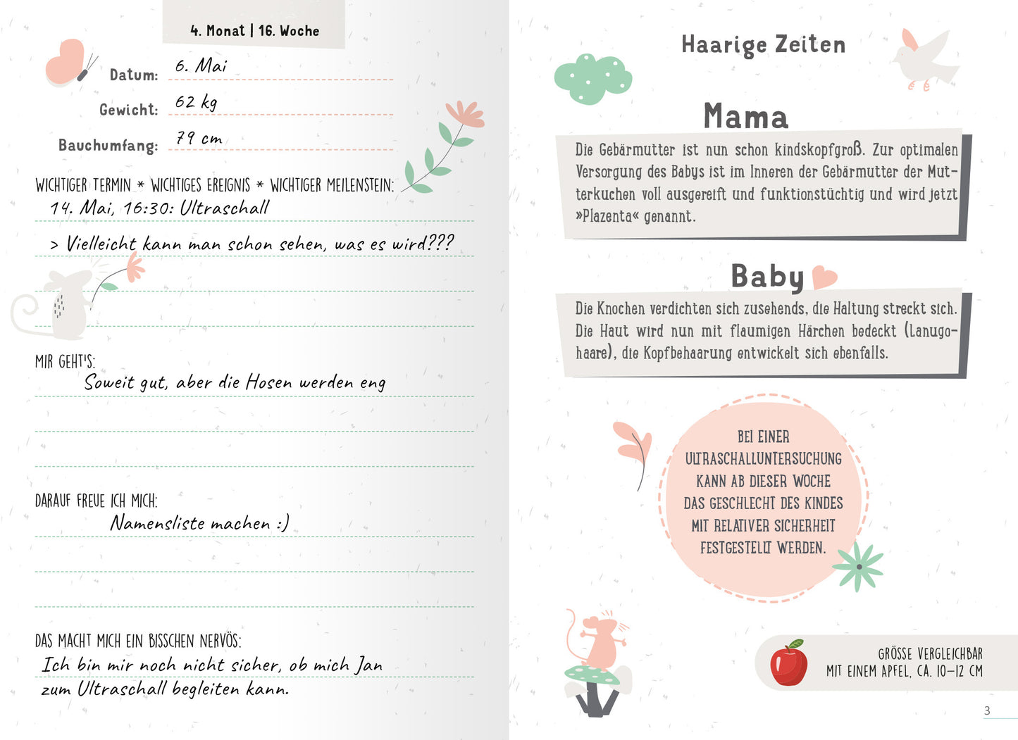 Gezeigt wird eine Innen- oder Zusatzansicht von „Weißt du eigentlich, wie lieb ich dich hab?“. Die Seite ist in sanften Pastelltönen gehalten, überwiegend in Rosa und Grün. Verschnörkelte Schriftarten betonen die Überschriften „Mama“ und „Baby“. Illustrationen von niedlichen Tieren und Pflanzen zieren die Ränder. Wichtige Informationen sind klar strukturiert, mit Platz für persönliche Notizen. Die Layoutgestaltung ist ansprechend und fördert eine beruhigende, freundliche...