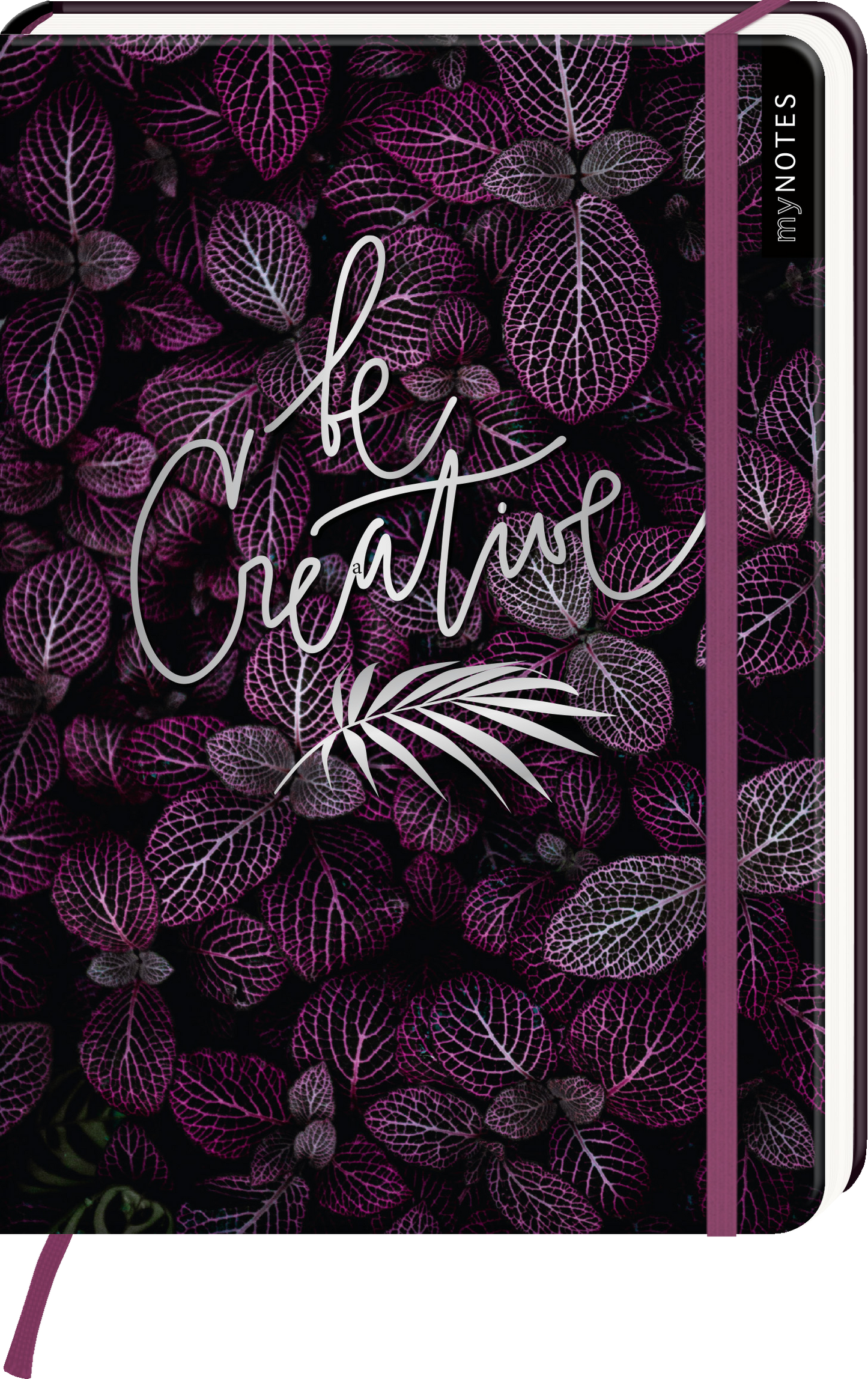 Das Buchcover zeigt einen tiefschwarzen Hintergrund, der mit filigranen, bunten Blättern in Violett- und Lilatönen bedeckt ist. In der Mitte des Covers steht in eleganter, handschriftlicher Schrift „be Creative“ in Weiß, umrahmt von einer feinen Pflanze. Oben rechts ist der Schriftzug „my NOTES“ zu finden. Ganz unten mittig steht der Logoschriftzug von arsEdition.