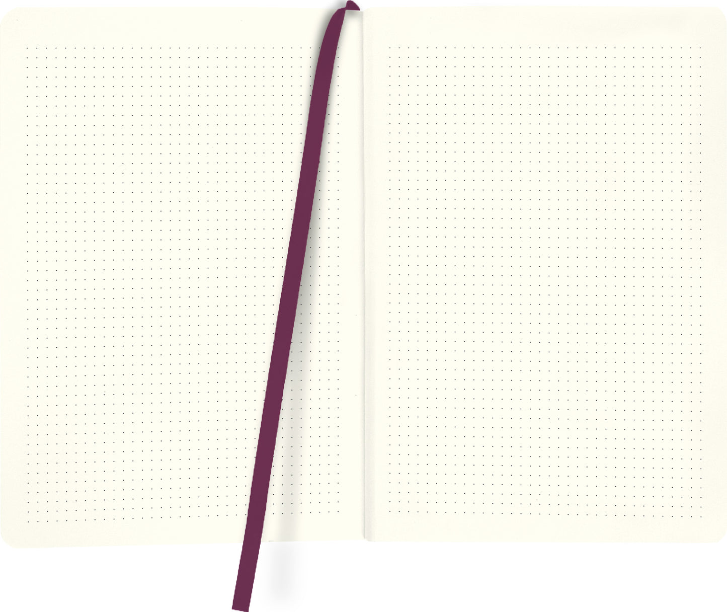 Gezeigt wird eine Innenansicht von „myNOTES Notizbuch A5: Be creative“. Die Doppelseite ist in einem sanften Cremeton gehalten und zeigt feine, graue Punkte als Struktur. Ein lila Lesezeichen ragt aus der Bindung heraus und bietet eine praktische Orientierungshilfe. Die Schrift ist klar und modern, wodurch die Seiten ansprechend und übersichtlich wirken. Dieses Design fördert kreatives Schreiben und Notizen.