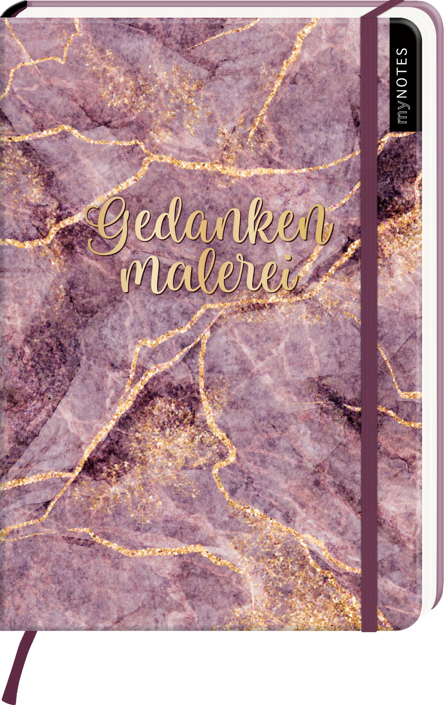Das Buchcover zeigt eine ansprechende, marmorierte Oberfläche in sanften Lilatönen mit goldenen Akzenten, die eleganten Schwüngen ähneln. Im Mittelpunkt steht der Titel „Gedankenmalerei“ in geschwungener, goldfarbener Schrift, die einen kreativen und inspirierenden Eindruck vermittelt. Oben rechts befindet sich ein schwarzes Feld mit dem Text „my NOTES“. Ganz unten mittig steht der Logoschriftzug von arsEdition.