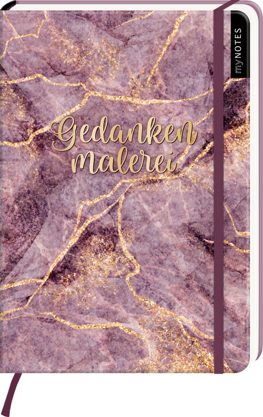 Das Buchcover zeigt eine ansprechende, marmorierte Oberfläche in sanften Lilatönen mit goldenen Akzenten, die eleganten Schwüngen ähneln. Im Mittelpunkt steht der Titel „Gedankenmalerei“ in geschwungener, goldfarbener Schrift, die einen kreativen und inspirierenden Eindruck vermittelt. Oben rechts befindet sich ein schwarzes Feld mit dem Text „my NOTES“. Ganz unten mittig steht der Logoschriftzug von arsEdition.