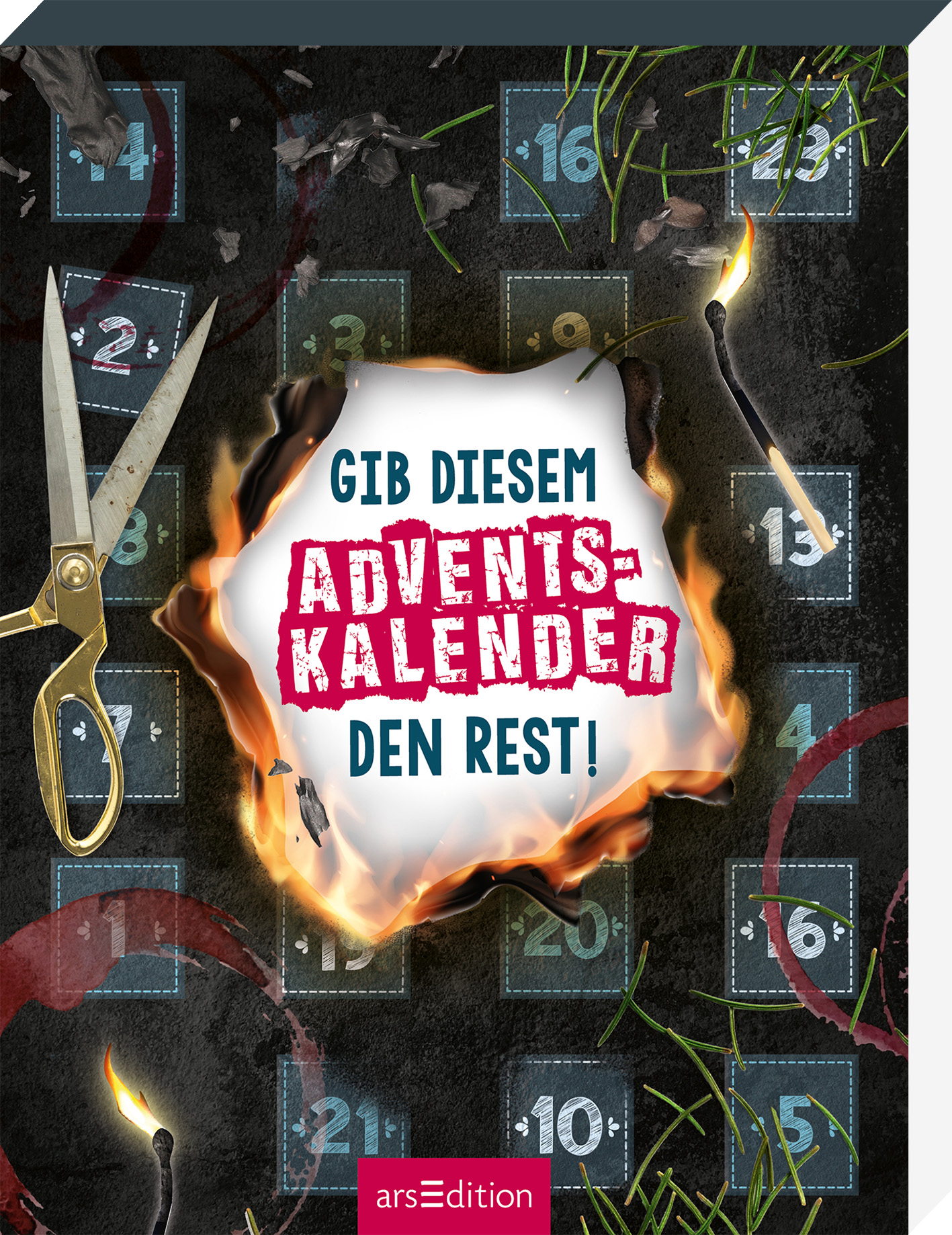Das Buchcover zeigt einen dunklen Hintergrund mit grauer Textur, auf dem bunte Adventskalender-Türen in verschiedenen Blautönen abgebildet sind. In der Mitte steht auf einem abgebrannten Papierfeld in kräftigem Rot und Weiß der Titel „GIB DIESEM ADVENTSKALENDER DEN REST!“. Ein Paar Scheren und Feuerzeuge liegen quer über dem Cover, was eine aufregende Atmosphäre erzeugt. Oben links sind zwei leuchtend rote Kreise sichtbar. Ganz unten mittig steht der Logoschriftzug von arsEdition.