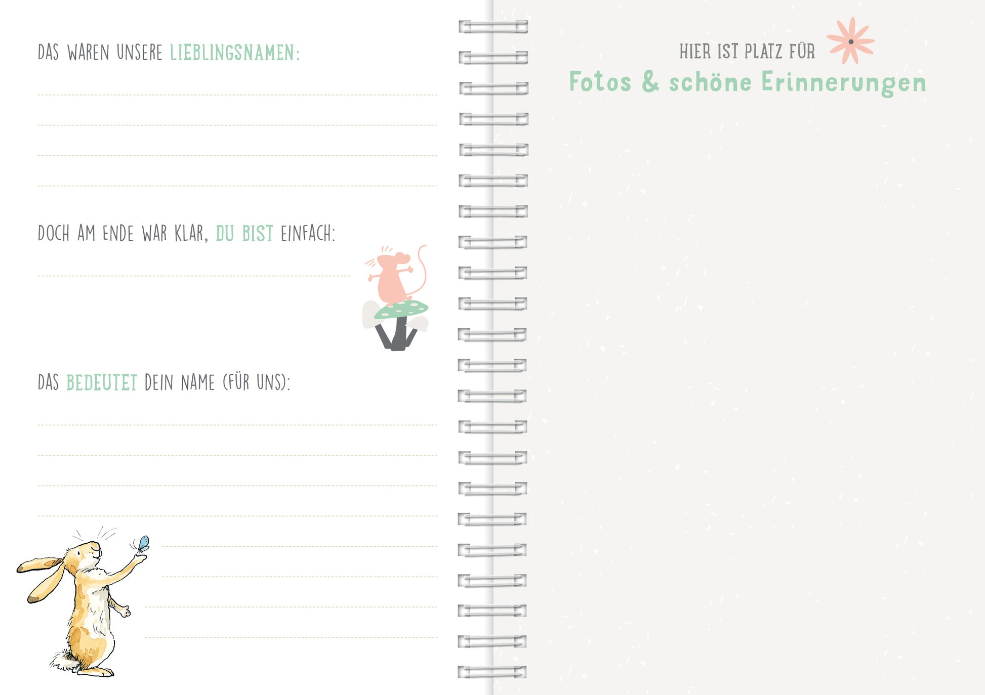 Gezeigt wird eine Innenansicht von „Weißt du eigentlich, wie lieb ich dich hab?“. Die Seite ist in sanften Pastellfarben gehalten, mit einer weißen Hintergrundfarbe und zarten, handgezeichneten Illustrationen. Links sind mehrere linierten Bereiche für Texte, während rechts der Hinweis „Hier ist Platz für Fotos & schöne Erinnerungen“ in sanftem Grün steht. Zwei kleine Tierzeichnungen, ein Hase und ein Frosch, fügen sich spielerisch in das Design ein. Die Typografie ist...