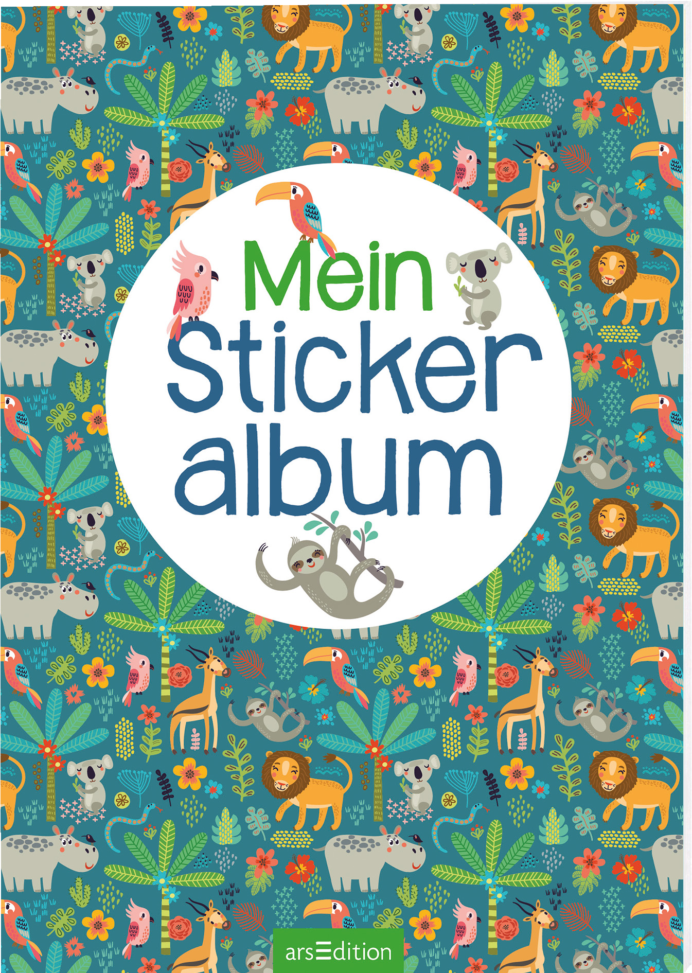 Das Buchcover zeigt einen bunten, schematischen Dschungel mit verschiedenen Tieren wie Koalas, Löwen und Vögeln, umgeben von lebhaften Pflanzen und Blumen. In der Mitte befindet sich ein großer, runder, weißer Bereich mit dem Titel „Mein Stickeralbum“ in einer verspielten Schriftart. Der Titel ist in blauen und grünen Farben gehalten. Ganz unten mittig steht der Logoschriftzug von arsEdition.
