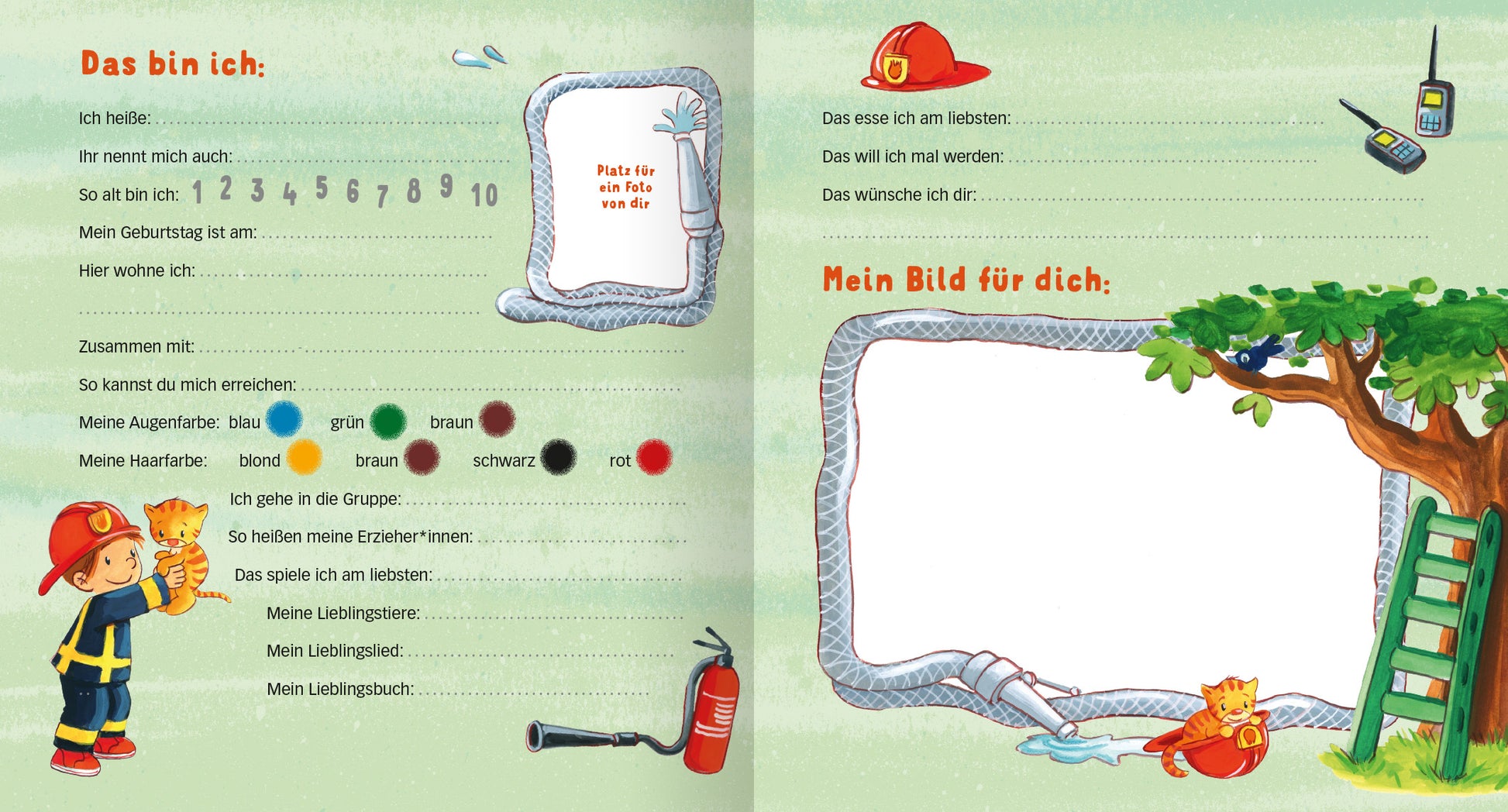 Gezeigt wird eine Innen- oder Zusatzansicht von „Meine Kindergarten-Freunde (Im Einsatz)“. Die Seite ist in sanften, hellen Farben gestaltet, vor allem in Grüntönen mit Akzenten in Rot und Blau. Links befindet sich ein Abschnitt zur persönlichen Vorstellung mit Textfeldern für Name, Geburtstag und Vorlieben, unterlegt von einem feinen, umrandeten Rahmen. Rechts ist ein großes freies Feld für eine Zeichnung, umgeben von einem grünen Baum und einem Leiter, symbolisierend kreative...