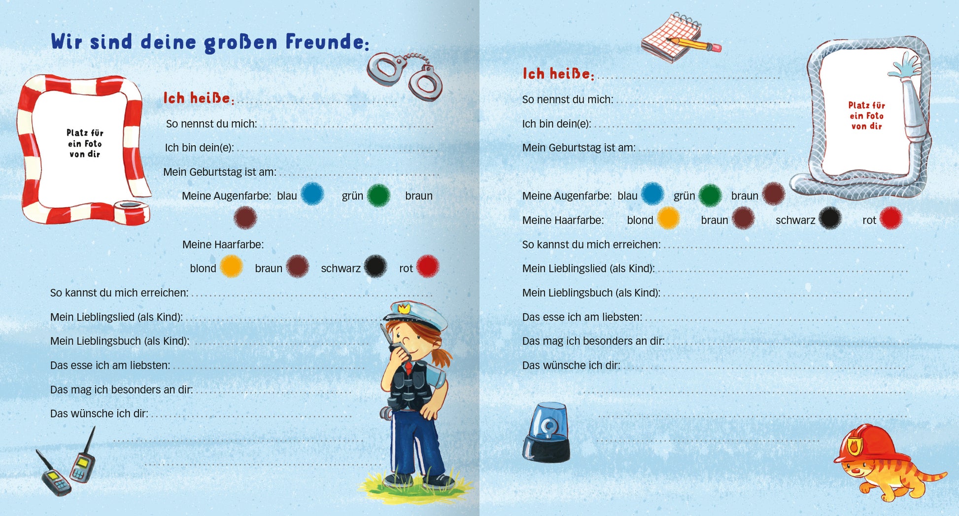 Gezeigt wird eine Innen- oder Zusatzansicht von „Meine Kindergarten-Freunde (Im Einsatz)“. Die Doppelseite enthält bunte, handgemalte Illustrationen von Kindern in verschiedenen Berufen. Auf der linken Seite steht „Wir sind deine großen Freunde“ in blauer Schrift und bietet Platz für persönliche Angaben wie Name, Geburtstag und Eigenschaften. Die rechte Seite zeigt Platz für zusätzliche Informationen. Die Schrift ist groß und klar, und die Farben sind freundlich und einladend,...